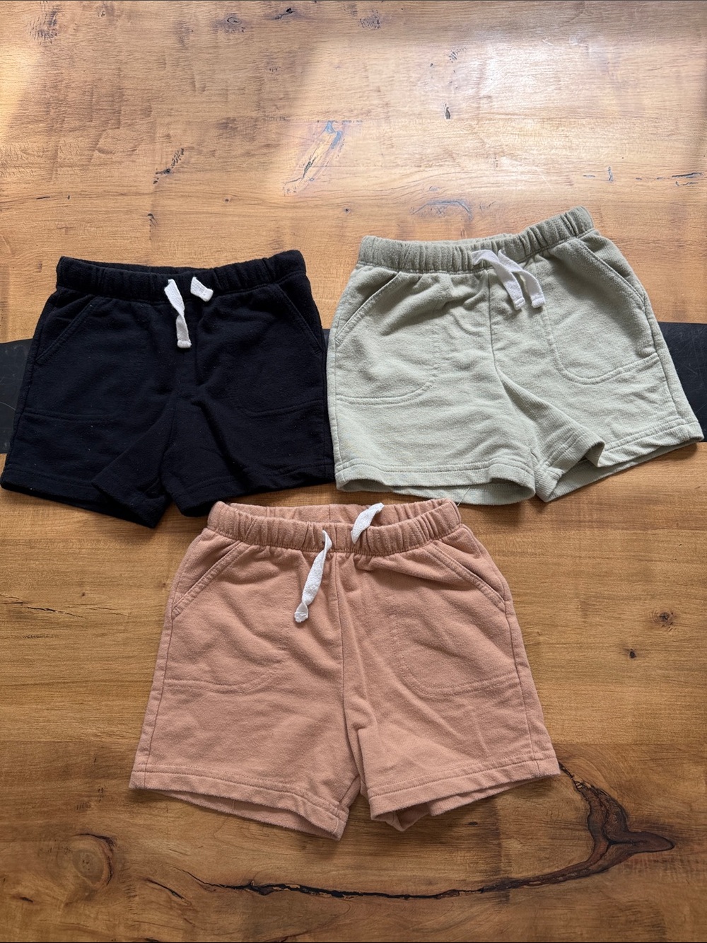 Cat & Jack Terry Drawstring Shorts in Black, Sage, and tan